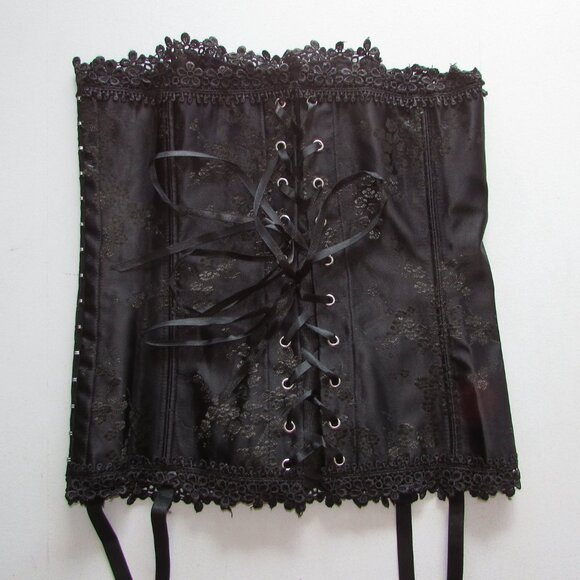 Black Satin Jaquard Lace Corset Set - NEW - Picture 4 of 8